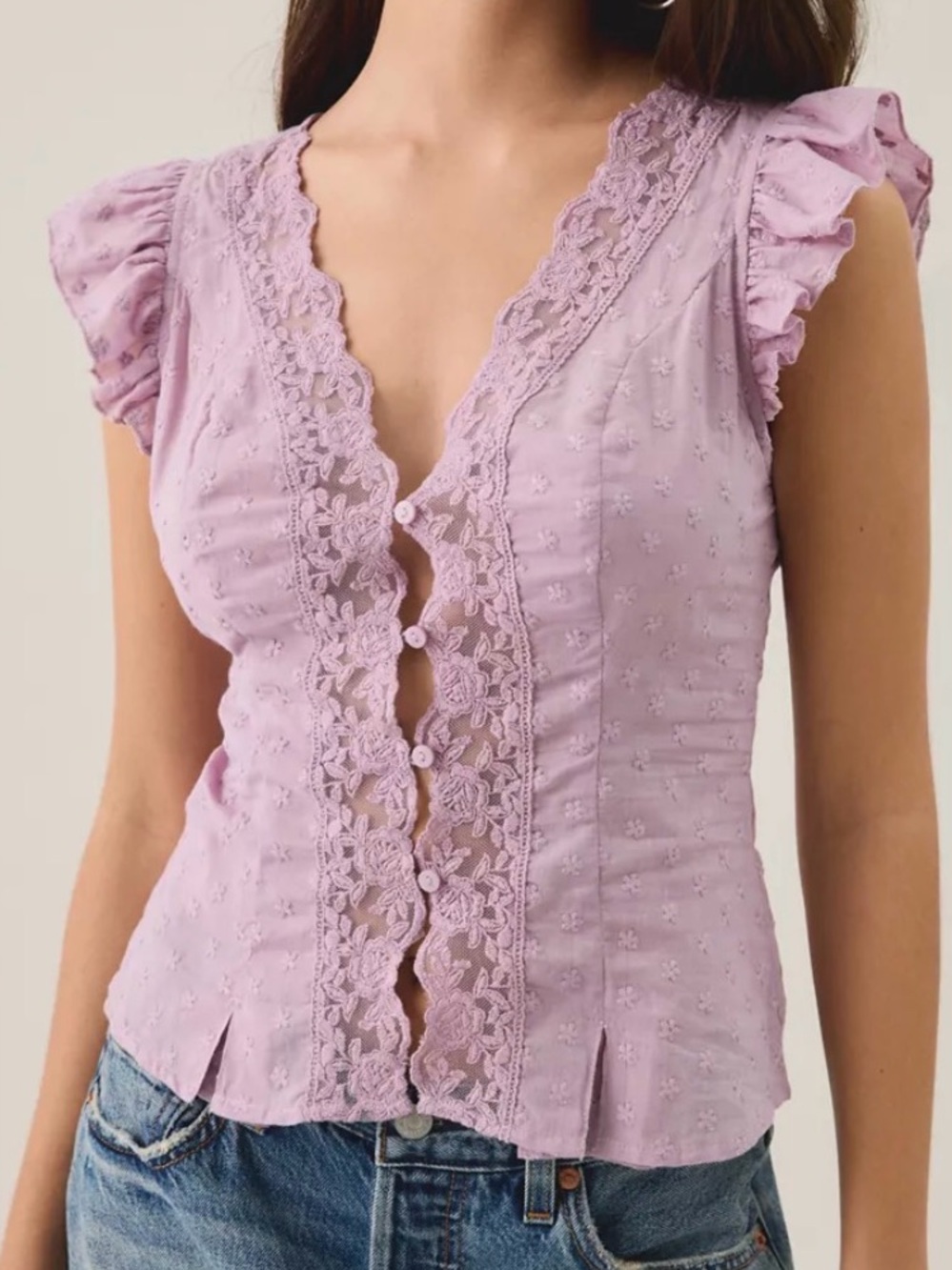 Lilac Lace-Trim Flutter Sleeve Top